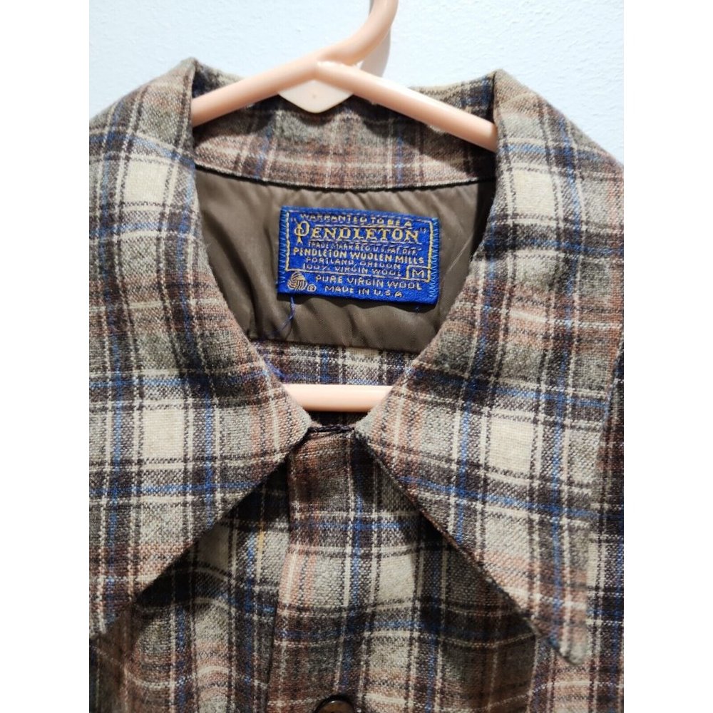 Vintage 1960 60s Pendleton Wool Board Flannel Plaid Loop Collar Flap Pockets L - Picture 2 of 8